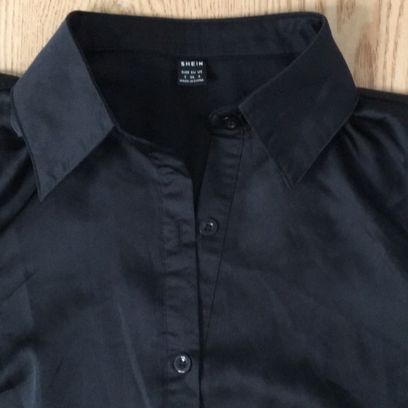 New Womens Shein Button Up Faux Silk shirt Super Soft Stretchy Black Size Small - Picture 2 of 7